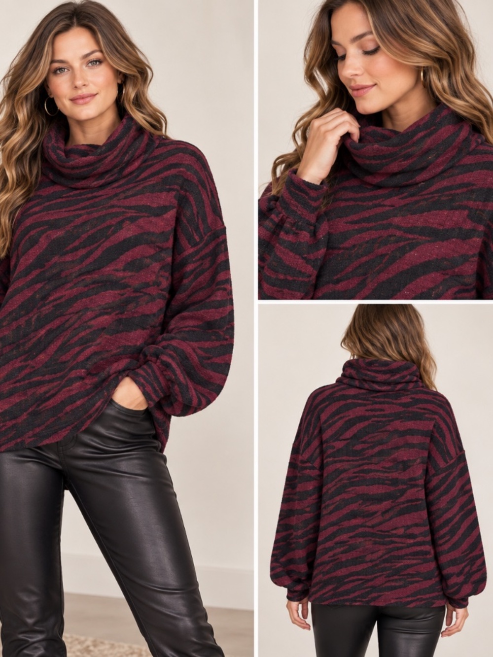 Sanctuary S Burgundy Black Zebra Turtleneck Sweater Oversized Y2K Animal Print